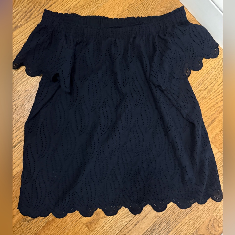 Ann Taylor Navy Off-Shoulder Eyelet Boho Spring Vacation Blouse Resortwear